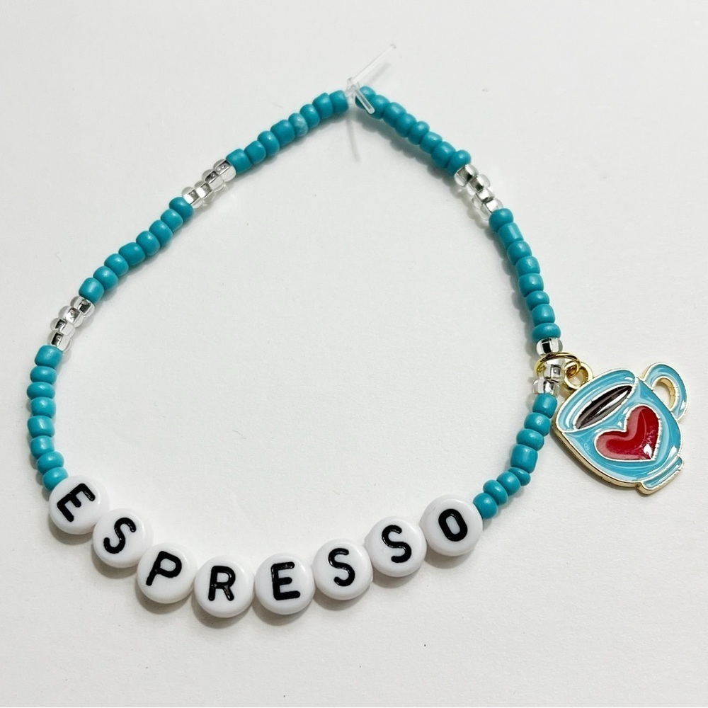 Sabrina Carpenter Espresso Beaded Friendship Bracelet with Blue Coffee Cup Charm